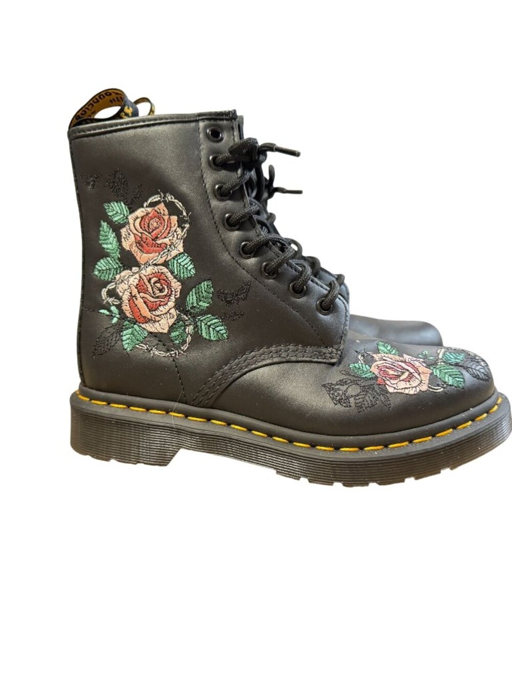 NEW Dr Martens Vonda Chain II Boots Size 6 Black Leather Embroidered Pink Roses